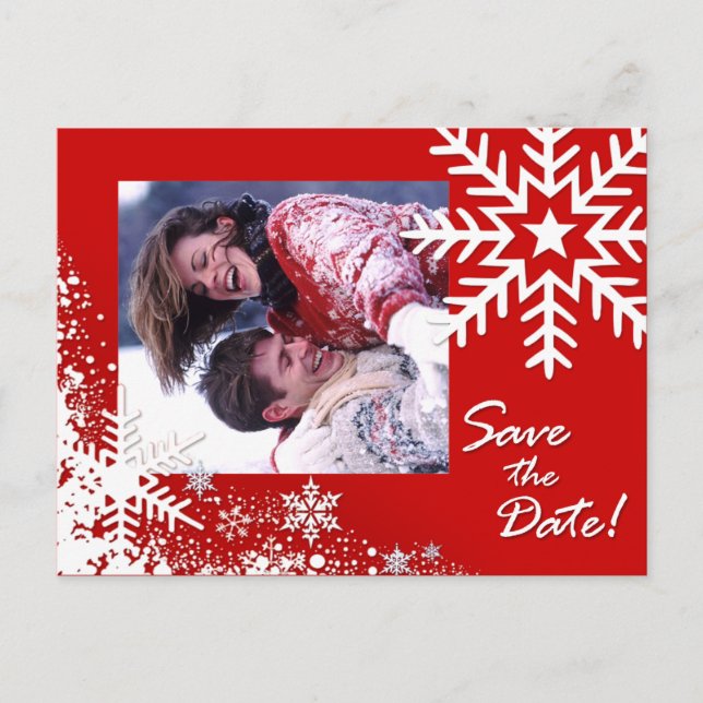 Winter Snowflakes Save the Date (red) Photo Announcement Postcard (Front)