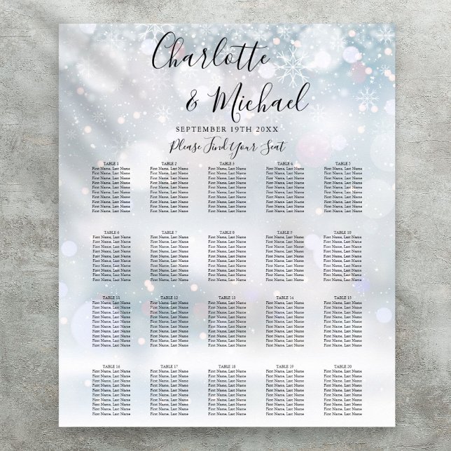 Winter Snowflakes Script Wedding Seating Chart (Winter Snowflakes Script Wedding Seating Chart)