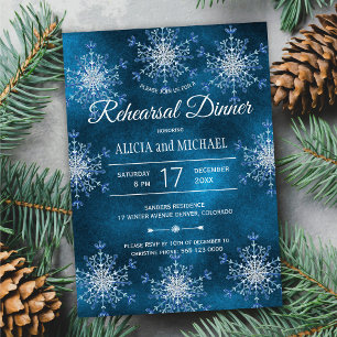 Winter snowflakes silver navy rehearsal dinner invitation