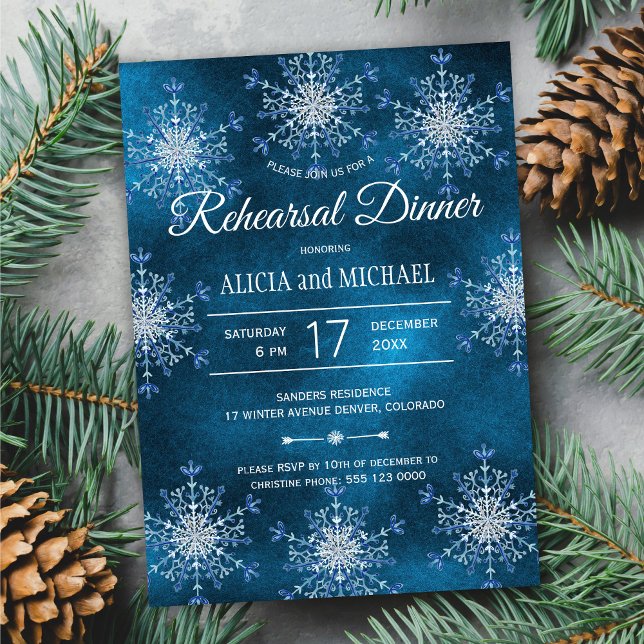 Winter snowflakes silver navy rehearsal dinner invitation (Creator Uploaded)