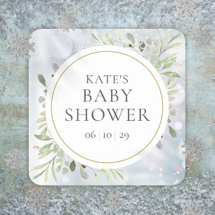 Winter Snowflakes Watercolour Greenery Baby Shower Square Sticker