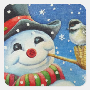 Winter Snowman and Chickadee Bird Watercolor Art Square Sticker