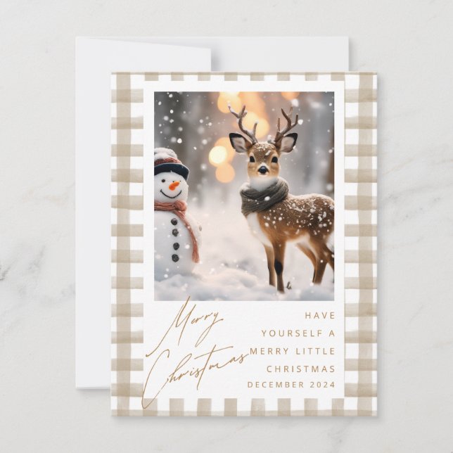 Winter Snowman and Cute Deer Holiday Card (Front)