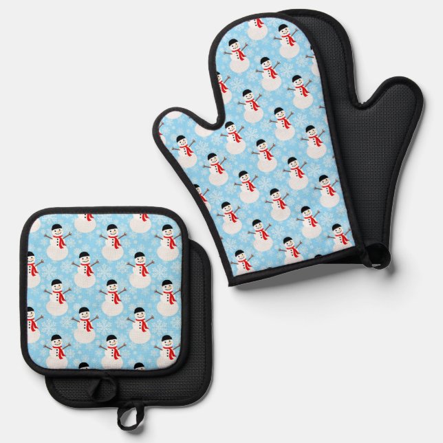 Winter Snowman and Snowflakes blue Oven Mitt & Pot Holder Set (Front/Back)