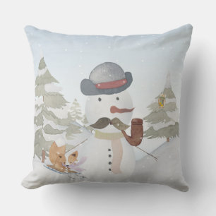 Winter Snowman animal snow animal illustration Outdoor Cushion