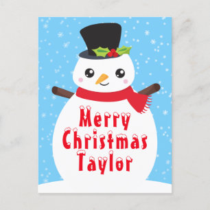Winter Snowman Bright Blue Merry Christmas Holiday Postcard