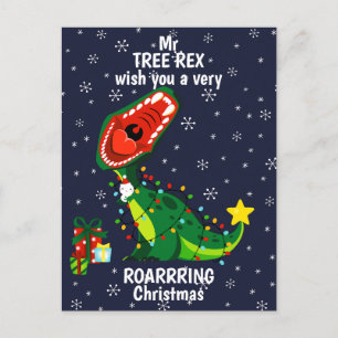 Winter Snowman Christmas Tree T-Rex Dinosaur Holiday Postcard