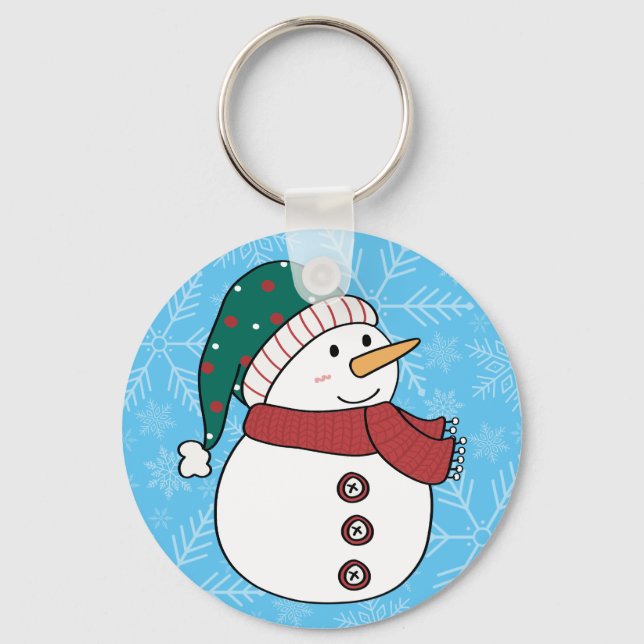 Winter Snowman Cute Blue Christmas Holiday Key Ring (Front)