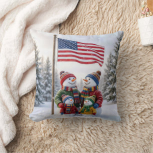 Winter Snowman Family Under an American Flag Cushion