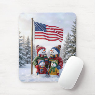 Winter Snowman Family Under an American Flag Mouse Pad