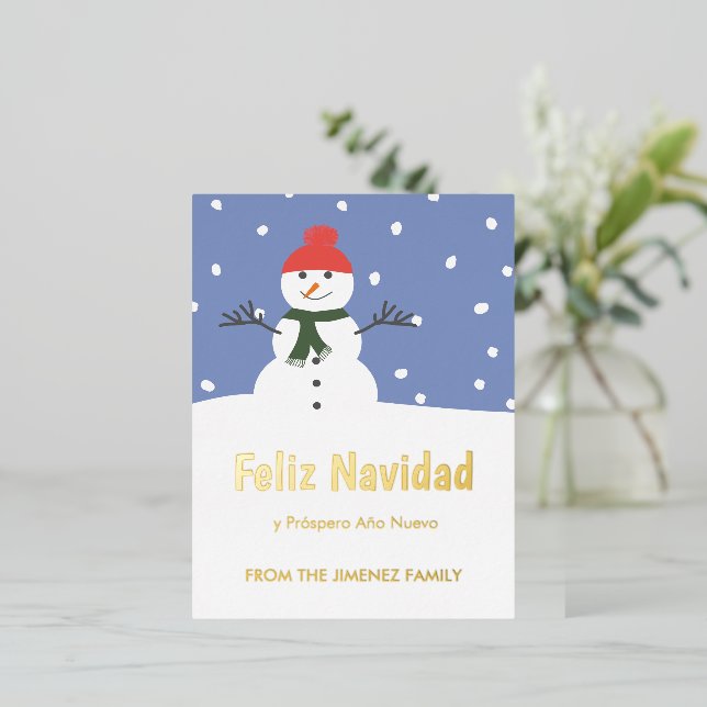 Winter Snowman Feliz Navidad  y Prospero Año Nuevo Foil Holiday Postcard (Standing Front)