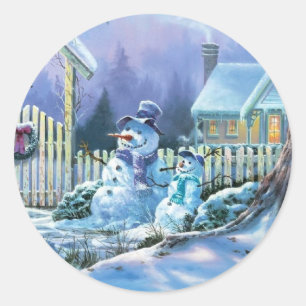 Winter Snowman In Front Of A Christmas Cottage Classic Round Sticker