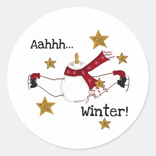 Winter Snowman on Ice Skates Classic Round Sticker (Front)