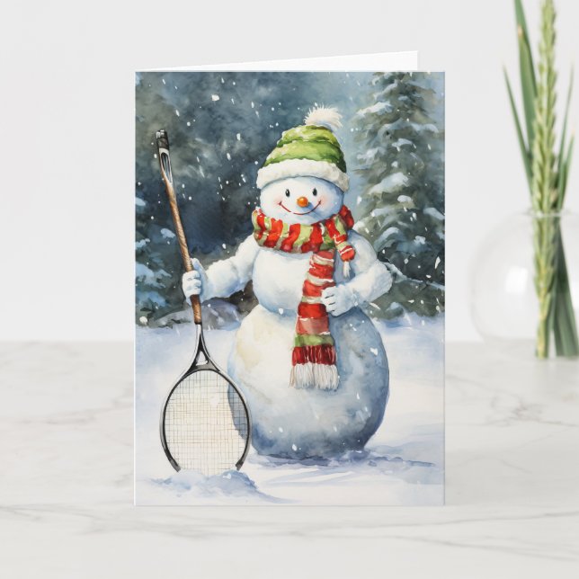 Winter Snowman Tennis Enthusiast Holiday Christmas Card (Front)