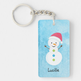 Winter Snowman with Name and Santa Cap Key Ring