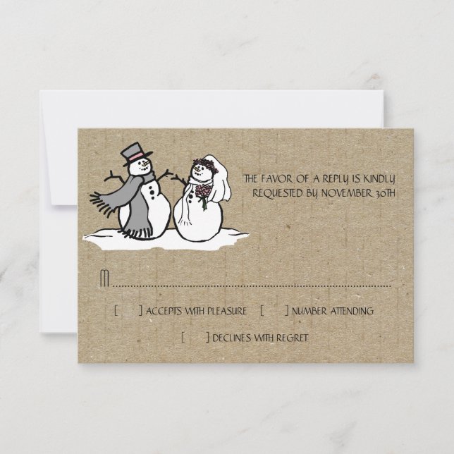 Winter Snowmen Bride & Groom Wedding RSVP Card (Front)