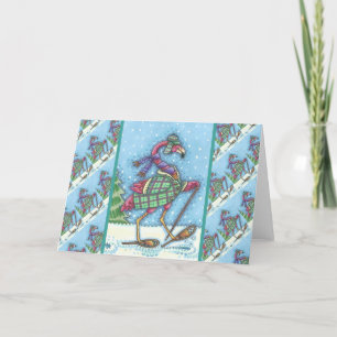 WINTER SNOWSHOES & COAT PINK FLAMINGO TREKKING HOLIDAY CARD