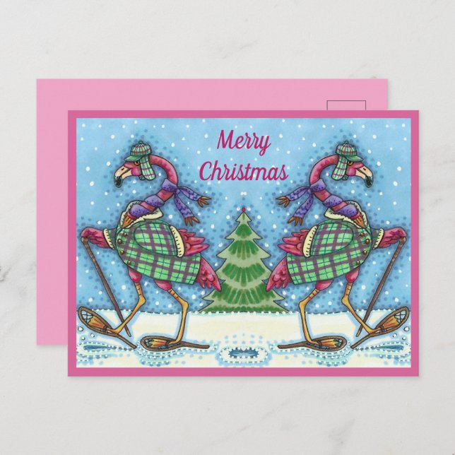 WINTER SNOWSHOES & COAT PINK FLAMINGO TREKKING HOLIDAY POSTCARD (Front/Back)
