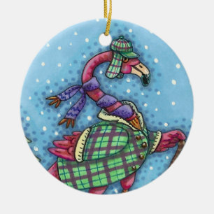 WINTER SNOWSHOES, PINK FLAMINGO, CUTE CHRISTMAS CERAMIC TREE DECORATION