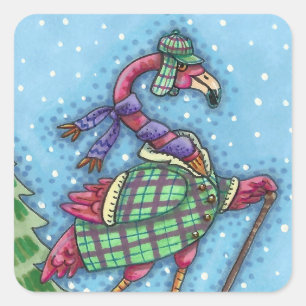 WINTER SNOWSHOES, PINK FLAMINGO, CUTE CHRISTMAS SQUARE STICKER