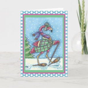 WINTER SNOWSHOES PINK FLAMINGO GREETING CARD Verse