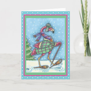 WINTER SNOWSHOES PINK FLAMINGO GREETING CARD Verse