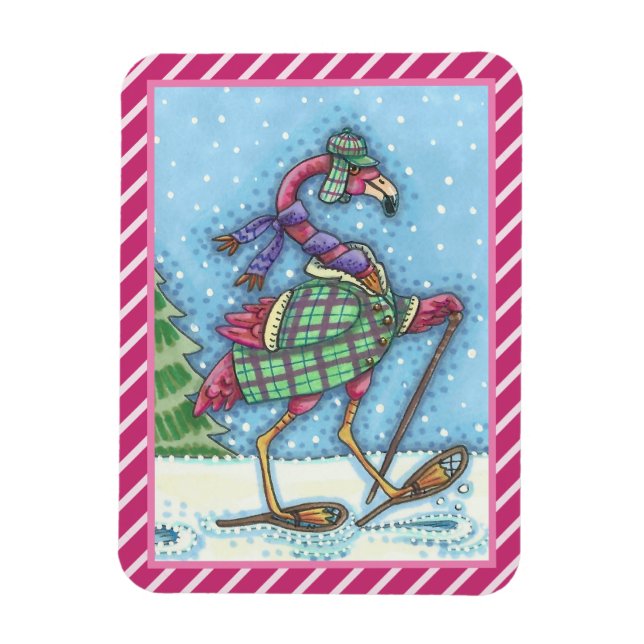 WINTER SNOWSHOES PINK FLAMINGO MAGNET (Vertical)