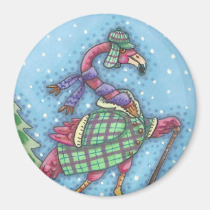 WINTER SNOWSHOES, PINK FLAMINGO MAGNET Round