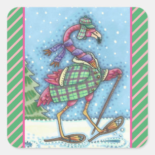 WINTER SNOWSHOES PINK FLAMINGO STICKERS Sheet Squ