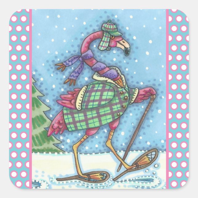 WINTER SNOWSHOES PINK FLAMINGO STICKERS Sheet Squ (Front)