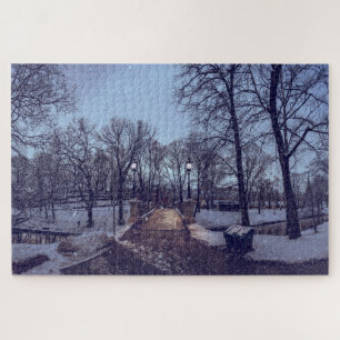 Winter snowy city park in the evening jigsaw puzzle