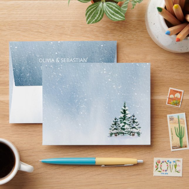 Winter Snowy Mountain Forest Wedding Envelope (Desk)