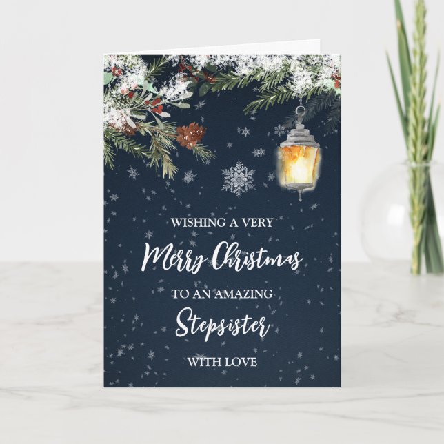 Winter Snowy Night Stepsister Merry Christmas Card (Front)