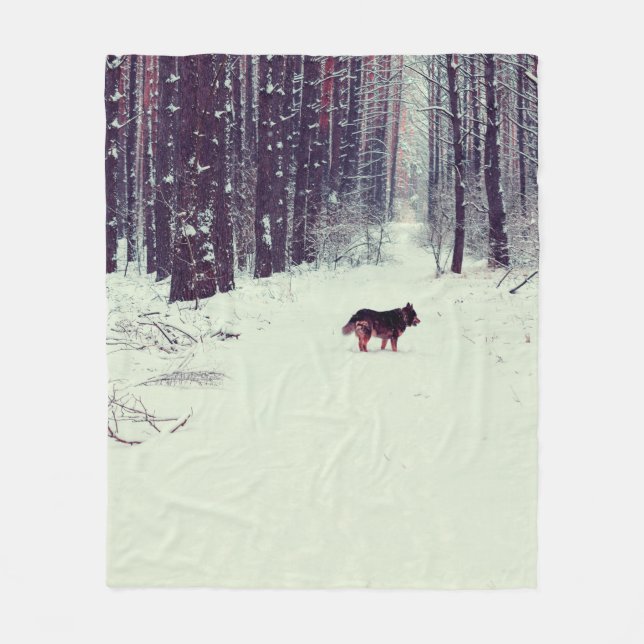 Winter snowy pine forest, dog walking in the fores fleece blanket (Front)
