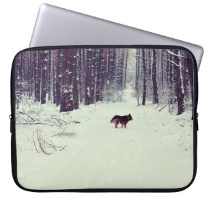 Winter snowy pine forest, dog walking in the fores laptop sleeve