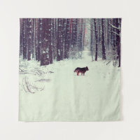 Winter snowy pine forest, dog walking in the fores