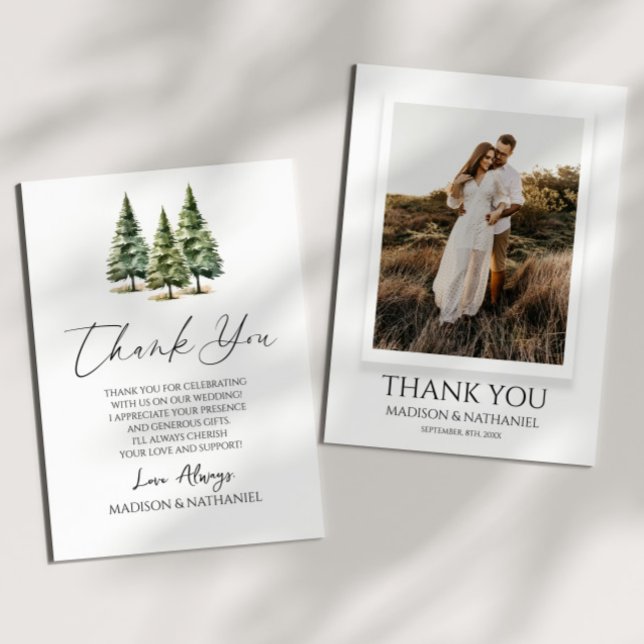 Winter Snowy Pine Tree Custom Photo Wedding Thank You Card (Creator Uploaded)