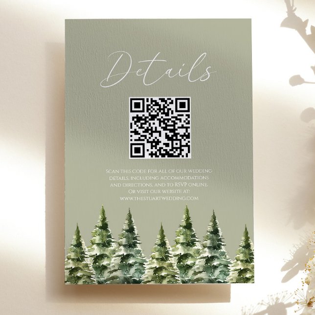 Winter Snowy Pine Trees QR Code Wedding Details Enclosure Card (Creator Uploaded)