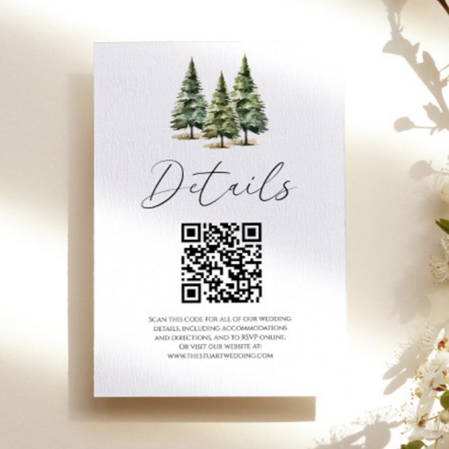 Winter Snowy Pine Trees QR Code Wedding Details Enclosure Card (Creator Uploaded)