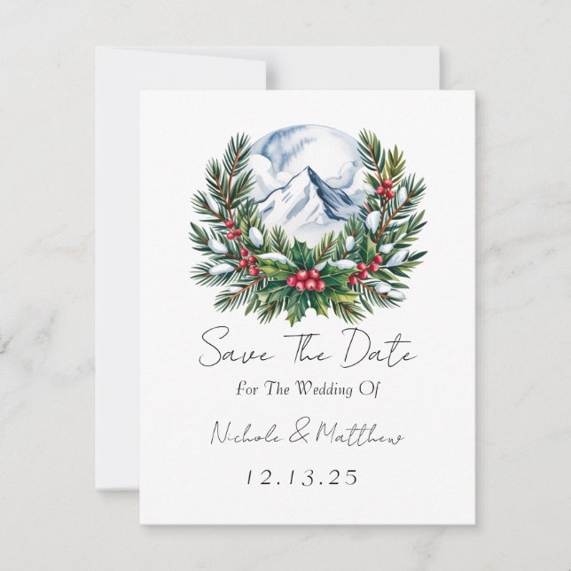Winter Snowy Pine Wreath Save The Date Card (Front)