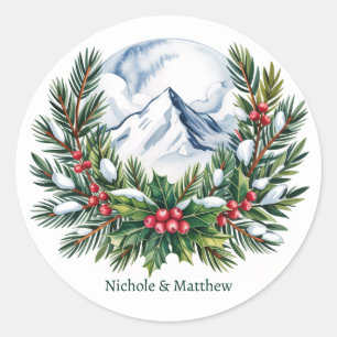 Winter Snowy Pine Wreath Wedding Classic Round Sticker