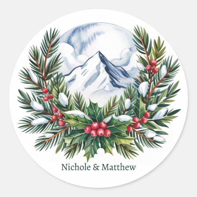 Winter Snowy Pine Wreath Wedding Classic Round Sticker (Front)