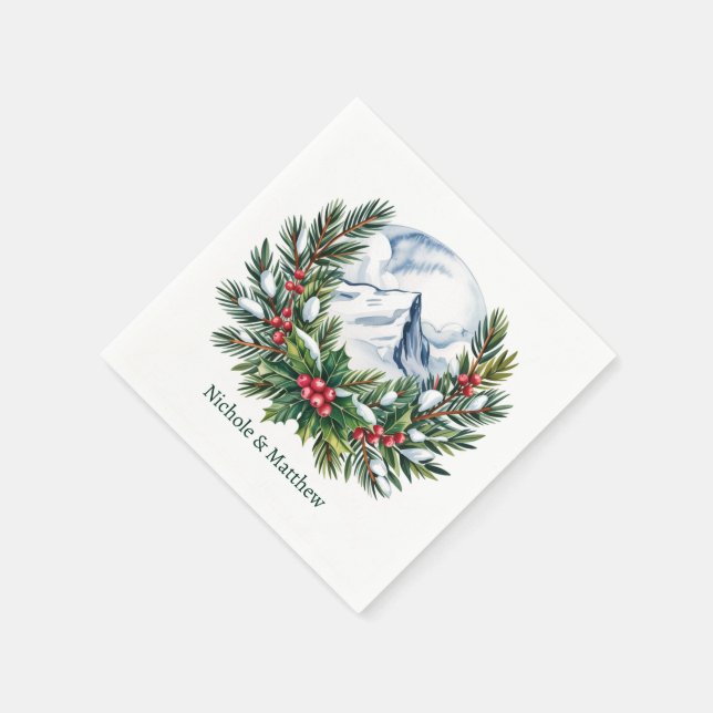 Winter Snowy Pine Wreath Wedding Napkin (Corner)