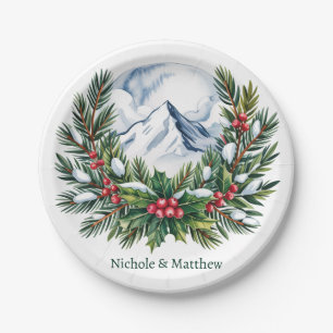 Winter Snowy Pine Wreath Wedding Paper Plate