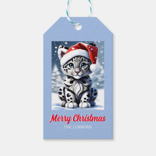 Winter Snowy Santa Cute Snow Leopard Cub Christmas Gift Tags