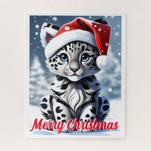 Winter Snowy Santa Cute Snow Leopard Cub Christmas Jigsaw Puzzle