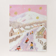 Winter snowy village, children playing, pink hues