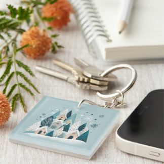 Winter Snowy Village Key Ring