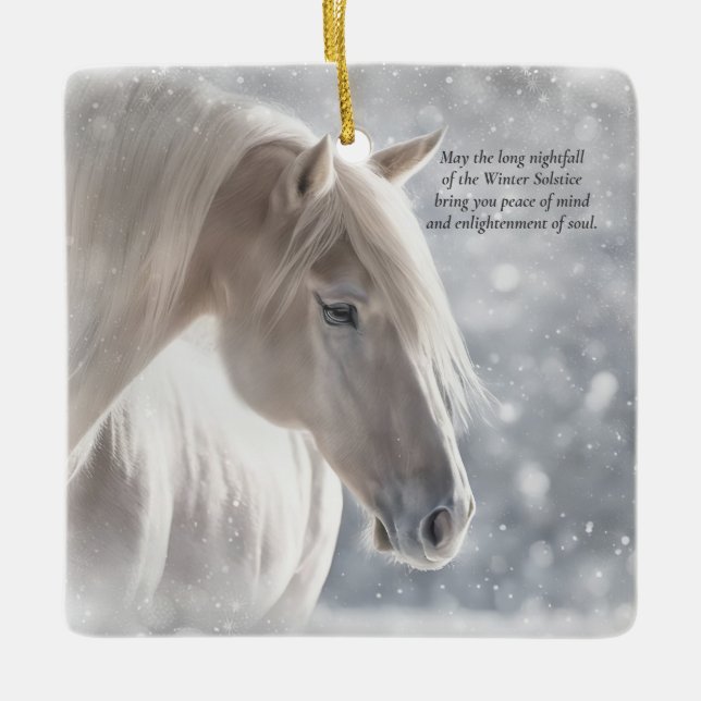 Winter Solstice Blessing Horse and Snow Ceramic Ornament (Front)