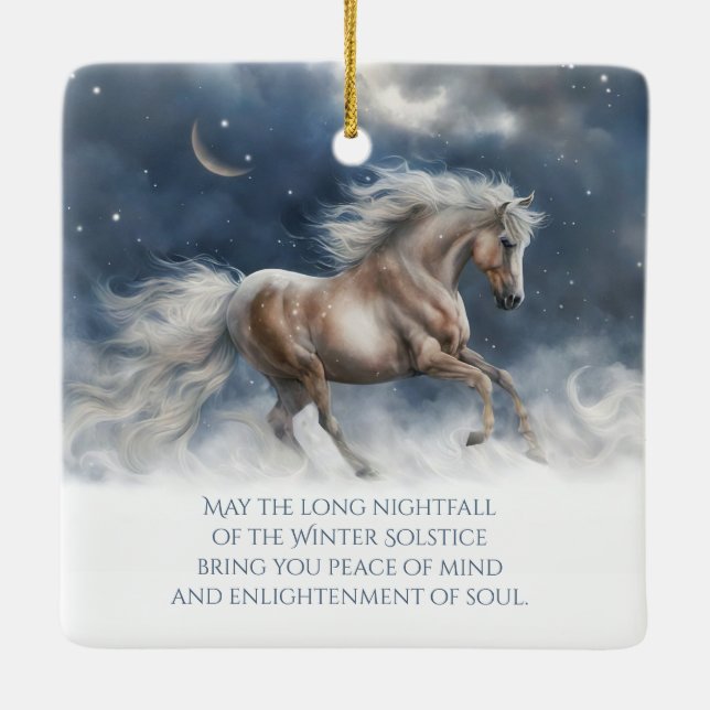 Winter Solstice Blessing Horse Snow Crescent Moon Ceramic Ornament (Back)